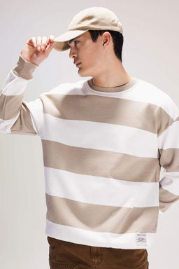 Boxy Fit Bisiklet Yaka Cizgili Dokuma Etiketli Sweatshirt - Defacto фото 3