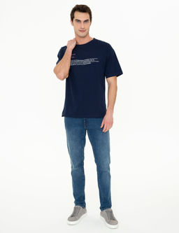 Lacivert Comfort Fit Bask_l_ Bisiklet Yaka Ti__rt