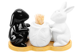 Набор д/специй 3 пр. 14*6*9,5 см Кролики с капустой на дер. подставке+зубочистки,бел/черн - Elan gallery фото 7