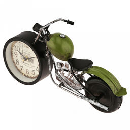 Часы настольные интерьерные "Мотоцикл" 30х8х15см, циферблат с рисунком, бежевый; цифры арабские, черный; фара - кристалл, корпус металл, черный матовый/зеленый; в коробке (Китай)