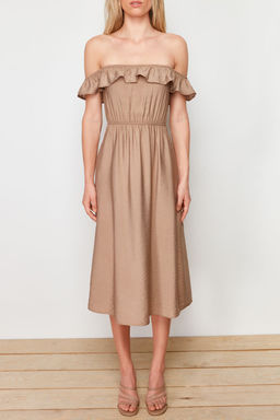 Vizon Duz Kesim Carmen Yaka Keten Gorunumlu Maxi Dokuma Elbise TWOSS24EL00691 - Trendyolmilla фото 4