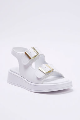 Beyaz Cift Tokal? Kad?n Kal?n Taban Sandalet TAKAW25SD00000