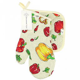 Кухонный комплект "Перцы": прихватка-варежка 15х30см + прихватка 20х20см, рогожка 171г/м2, хлопок 100%, наполнитель - ватин 280г/м2, на пластмассовом подвесе, "Домашняя мода" (Россия)