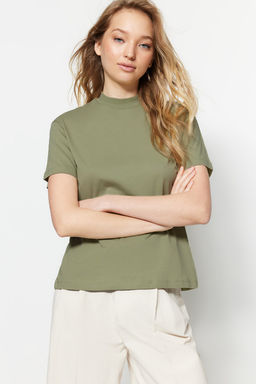 Yag Yesili-Gri 2li Paket %100 Pamuk Basic Dik Yaka Orme T-Shirt TWOSS20TS1500