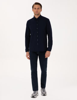 Lacivert Esnek Slim Fit _izgili Uzun Kollu G_mlek