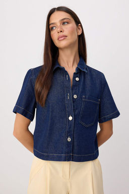 Lacivert Tencel Kar___ml_ K_sa Kol D__me Detayl_ Denim G_mlek TWOSS26GO00193