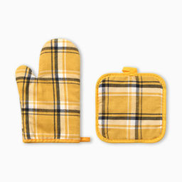 Кухонный набор «Этель. Клетка»: прихватка 17×17 см, варежка-прихватка 26×16 см, жёлтый