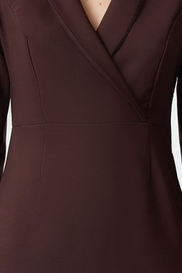 Kahverengi Mini V Yaka Dokuma Elbise TWOAW23EL00384