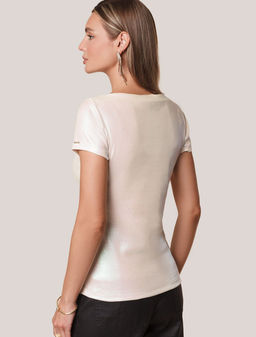 Футболка облегающая из хлопка в рубчик с вырезом лодочка с матовым покрытием металлик - Vilatte фото 3