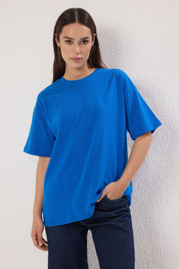 TRENDYOLMILLA Siyah-Beyaz 2li Paket %100 Pamuk Oversize/Genis Kal?p Bisiklet Yaka Orme T-Shirt TWOSS24TS00223  фото 2