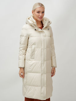 Пальто утепленное стеганное зимнее с капюшоном женское бежевого цвета 9601B