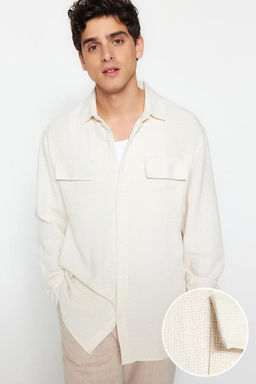 TRENDYOL MAN Ekru Oversize Fit Keten Dokulu Cift Cepli Ceket Gomlek TMNSS23GO00089
