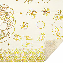 "LACE" Скатерть ажурная ПВХ "С Новым годом!" 160х137см, длина стола до 120см, на 4 персоны, бежевый фон, с золотом, матовая, на пленке, т.м. Домашняя мода (Китай)