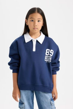 K?z Cocuk Oversize Genis Kal?p Polo Yaka Bask?l? Ici Yumusak Tuylu Kal?n Sweatshirt
