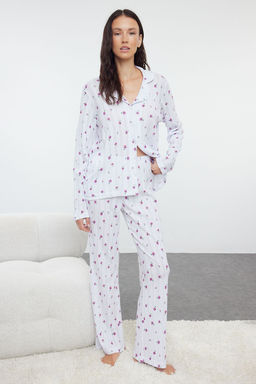 Trendyolmilla Beyaz %100 Pamuklu Cicekli Ajurlu/Delikli Fitilli Orme Pijama Tak?m? THMAW25PT00057