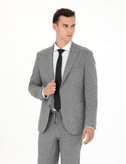 Gri Ekstra Slim Fit _izgili Tak_m Elbise