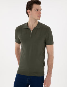 Haki Slim Fit Fermuarl_ Polo Yaka Triko Ti__rt