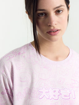 Комплект женский (футболка, бриджи) фиолетовый с принтом "комиксы"