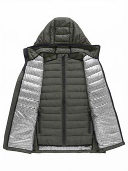 Куртка мужская гибридная стёганая с капюшоном с графеновой подкладкой цвета хаки 9621_1Kh