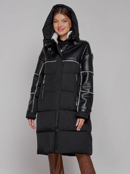 Пальто утепленное молодежное зимнее женское черного цвета 51131Ch