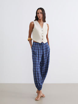 Beli Lastikli Ekose Kad?n Pileli Jogger Pantolon