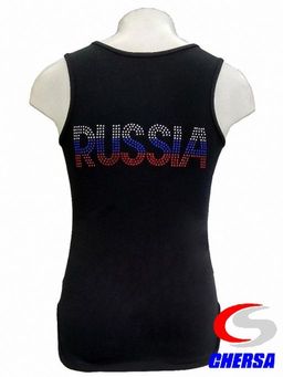 Топ-майка из хлопка женская "Россия" и флаг РФ из страз * (Артикул: 7035-1 )