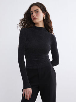 Dik Yaka Parlak G?r?n?ml? Bluz