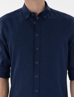 Lacivert Keten Kar___ml_ Regular Fit Uzun Kollu G_mlek