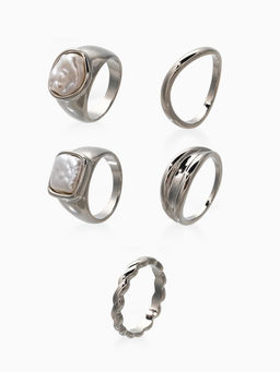 Набор колец 5 шт "Новый стиль" жемчуг, размер МИКС, цвет белый в серебре