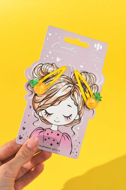 Набор заколок для волос клик-клак, глянцевые, арт. 71736 / 10 АНАНАСИКИ (в наборе: 2шт., 5,5 см, черный металл, полиэфирная смола, цвет: жёлтый, подложка из мелованного картона + ПЭТ-пакет с европодвесом)