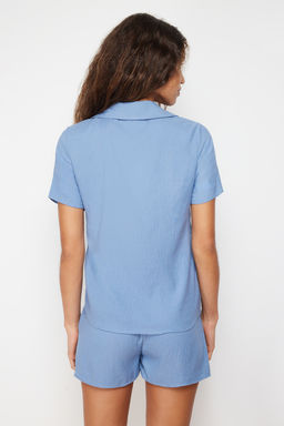 Mavi Kiraz Nak?sl? Sortlu Dokuma Pijama Tak?m? THMSS24PT00066