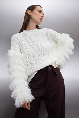 Ekru Genis Kal?p Kol Puskul Detayl? Triko Kazak TWOAW26KZ00049