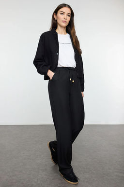 Siyah Straight/Duz Kesim Beli Lastikli Bagc?kl? Keten Gorunumlu Dokuma Pantolon TWOSS24PL00056 - Trendyolmilla фото 3