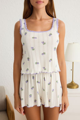 Trendyolmilla Ekru Cicekli Dantelli Pointel Ajurlu/Delikli Sortlu Orme Pijama Tak?m? THMSS25PT00079  фото 7