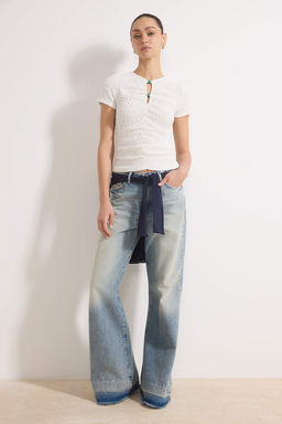 Ekru Fitted/Vucuda Oturan K?sa Kollu Dugmeli Dokulu Orme Bluz TWOSS26BZ00257