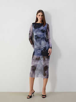 Bisiklet Yaka Batik Desenli Kad?n Bodycon Elbise