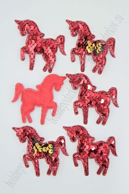 Патч 3D, с двухсторон. пайетками "Единорог" 6*5 см (10 шт) SF-1888, красный
