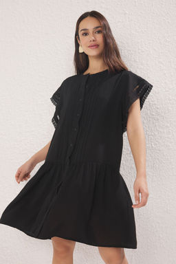 Siyah Duz Kesim Gupur Detayl? Mini Dokuma Gomlek Elbise TWOSS25EL00402
