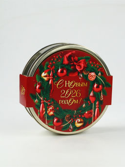 Подарочный набор новогодний «С Новым 2026 годом» в железной банке: чай, монпансье, варенье, открытка