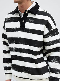 Polo Yaka ?izgili Erkek Sweatshirt