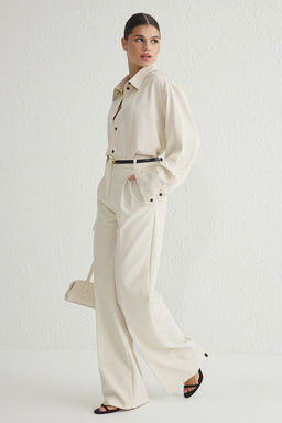 Ekru Pilili Wide Leg/Genis Paca Dokuma Pantolon TWOAW25PL00109 Palazzo