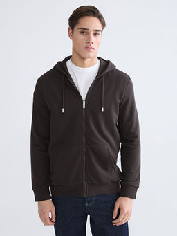 Standart Kal?p Kap??onlu Erkek Fermuarl? Sweatshirt