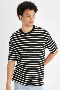 Comfort Regular Fit Rahat Kesim Bisiklet Yaka Cizgili Ag?r Kumas K?sa Kollu Tisort - Defacto фото 2