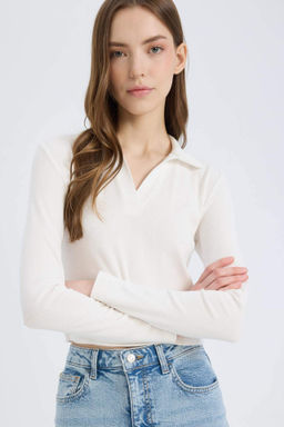 Fitted Polo Yaka Basic Duz Modal Uzun Kollu Tisort - Defacto фото 5