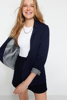 Lacivert Regular Gri Geometrik Desenli Astarl? Tek Dugmeli Cepli Dokuma Blazer Ceket TWOAW20CE0316
