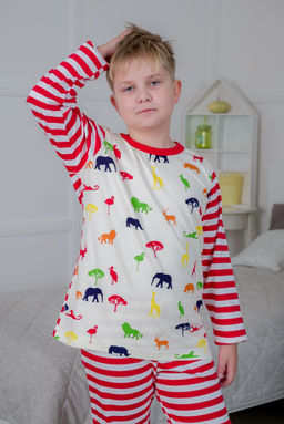 Пижама детская из джемпера и брюк без манжет из интерлока Сафари красный полоса - Амадэль фото 14