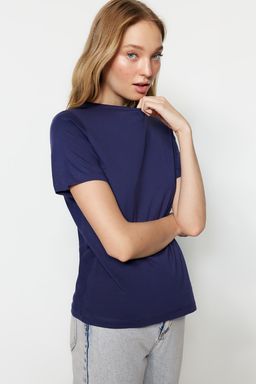 Lacivert %100 Pamuk Basic Bisiklet Yaka Orme T-Shirt TWOSS23TS00000