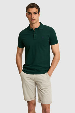 Erkek Slim Fit Polo Yaka Koyu Ye_il Basic Ti__rt