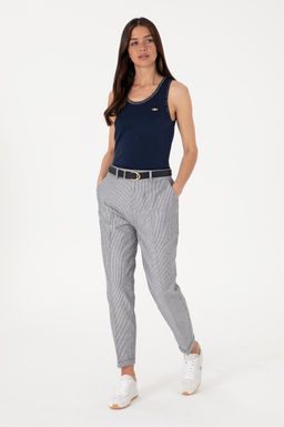 Kad_n Lacivert _izgili Keten Kar___ml_ Carrot Fit Kanvas Pantolon