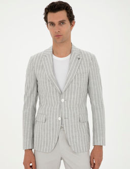 A__k Gri Slim Fit Y_n Keten Kar___ml_ Ceket